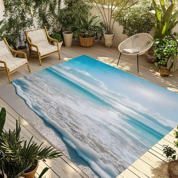 Fsddascl Coastal Beach Outdoor Rug for Patio/Deck/Porch, Non-Slip Large Area Rug 5 x 8 Ft, Blue Ocean Sunrise Waves Sand Shore Indoor Outdoor Rugs Washable Area Rugs, Reversible Camping Rug Carpet