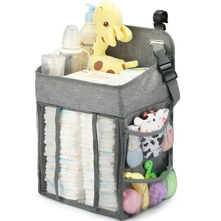 Changing Table Diaper Organizer - Baby Hanging Diaper Stacker Nursery Caddy Organizer for Cribs Playard Baby Essentials Storage (Gray)