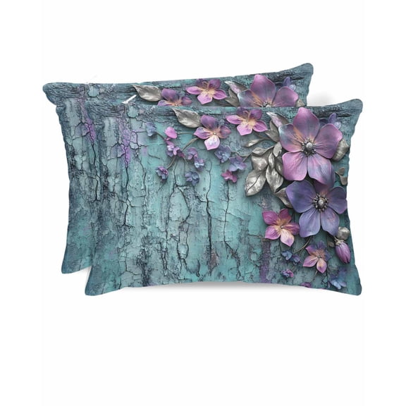 Hokiten Pillow Cases Queen Size Set of 2, Couch Pillow Covers, Purple Floral Satin Pillowcases with Zipper for Hair/Skin, Pillow Protector Cover, Vintage Cracked Wall Country Rustic 20x30 Inches