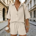 thumbnail image 6 of Women 2 Piece Linen Short Sets 2026 Summer Vacation V Neck Short Sleeve Beach Outfits Oversized Button Casual Suits Beige M, 6 of 7