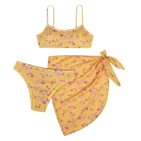 ZQGJB Women s Ruched Bandeau Two Piece Halter Top Triangle Bikini Set with Tie Side Bottom Sexy Floral Printed Swimsuit Bathing Suits(Yellow M)