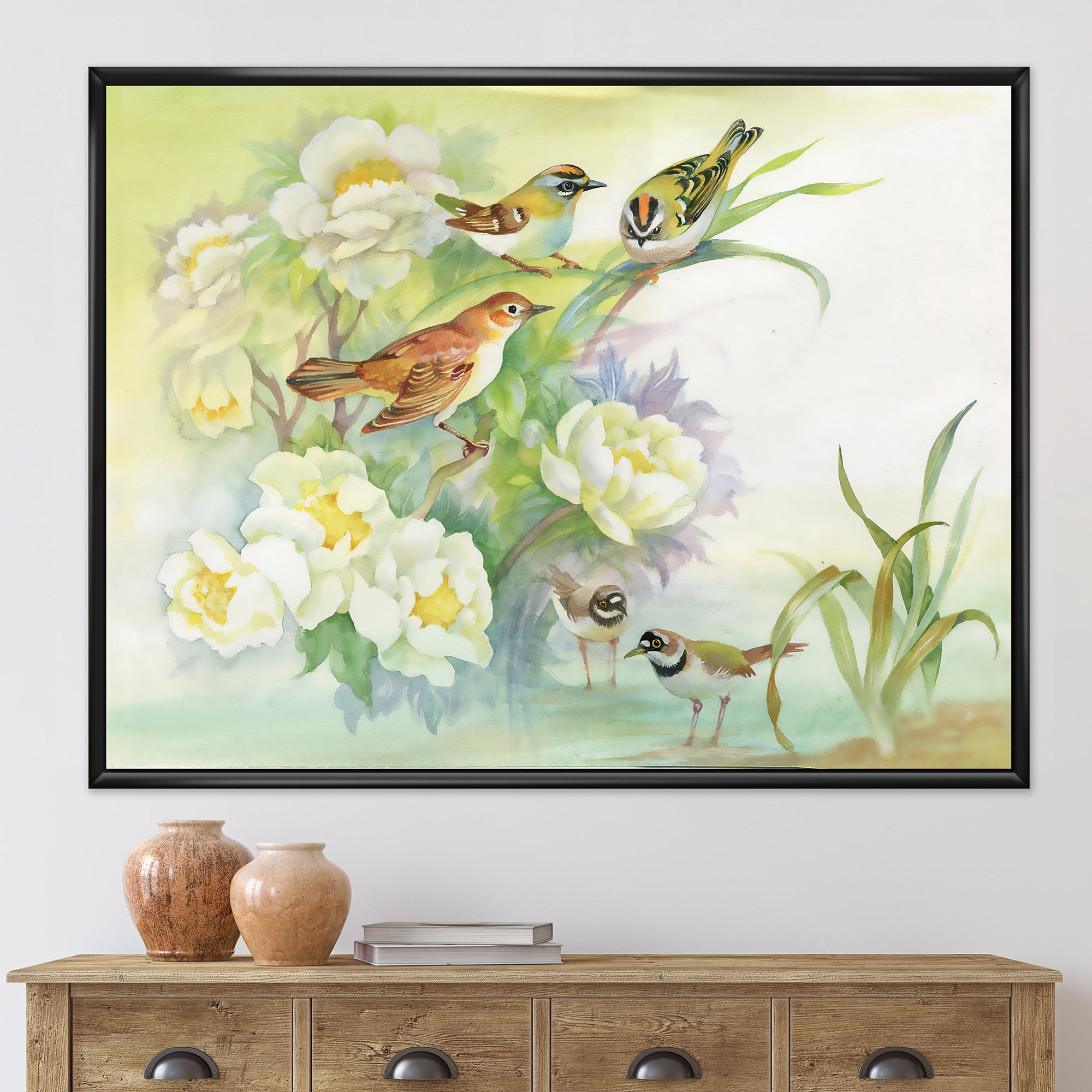 Designart 'Birds and Flowers In Rustic Scenery' Traditional Framed Canvas Wall Art Print