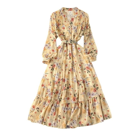 YM YOUMU Women Button Up Floral Print Chiffon Midi Dress with Belt Long Sleeves Ruffle