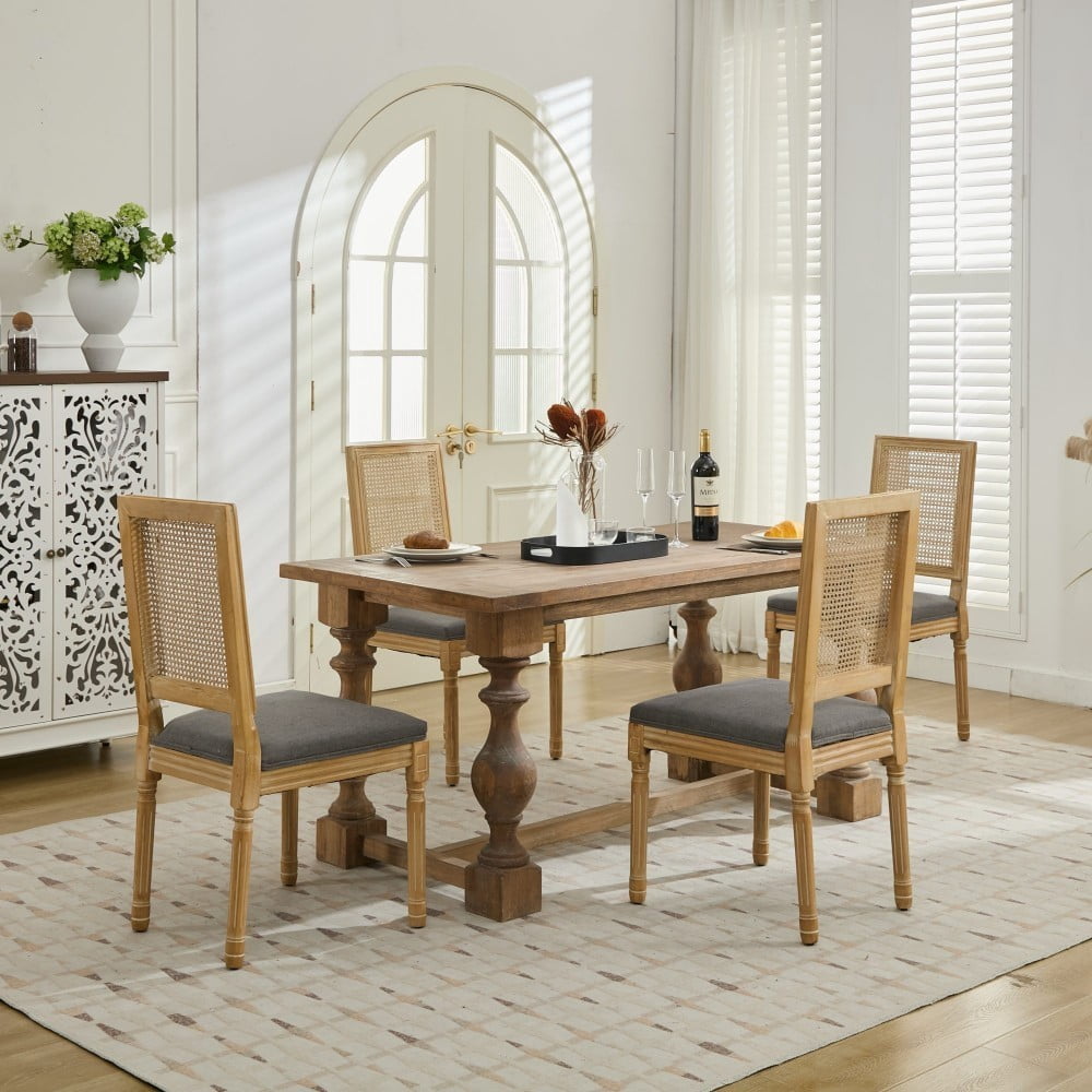 French Dining Chairs Set of 2, Louis Style Chairs with Square Rattan Backrest, Carved Solid Wood Frame, Linen Upholstered Seat, Gray