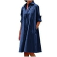 thumbnail image 2 of Usmixi Formal Dresses for Women Casual Button Down Lightweight Loose Knee-Length Shirt Dress Lapel Long Sleeve Solid Summer Midi Dresses Blue M Clothes, 2 of 7