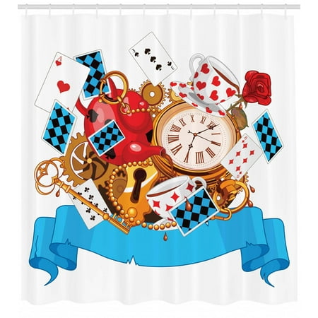 Alice in Wonderland Shower Curtain, Mad Design of Cards Clocks Tea Pots Keys Flowers Fantasy World Artwork, Fabric Bathroom Set with Hooks, Multicolor, by (Best Bathroom Designs In The World)