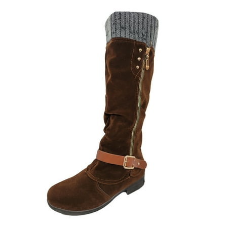 Vedolay Mid Calf Boots For Women Round Toe High Heel Walking Shoes Slip-On Fall Boots (Brown 6)
