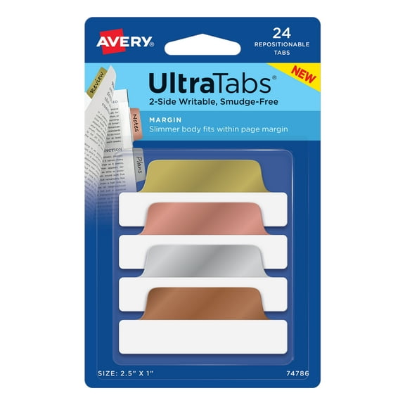 Avery Ultratabs, Margin Style, 2.5" x 1", Paper, Write-on Tab, Assorted Metallic Colors, 24 Tabs