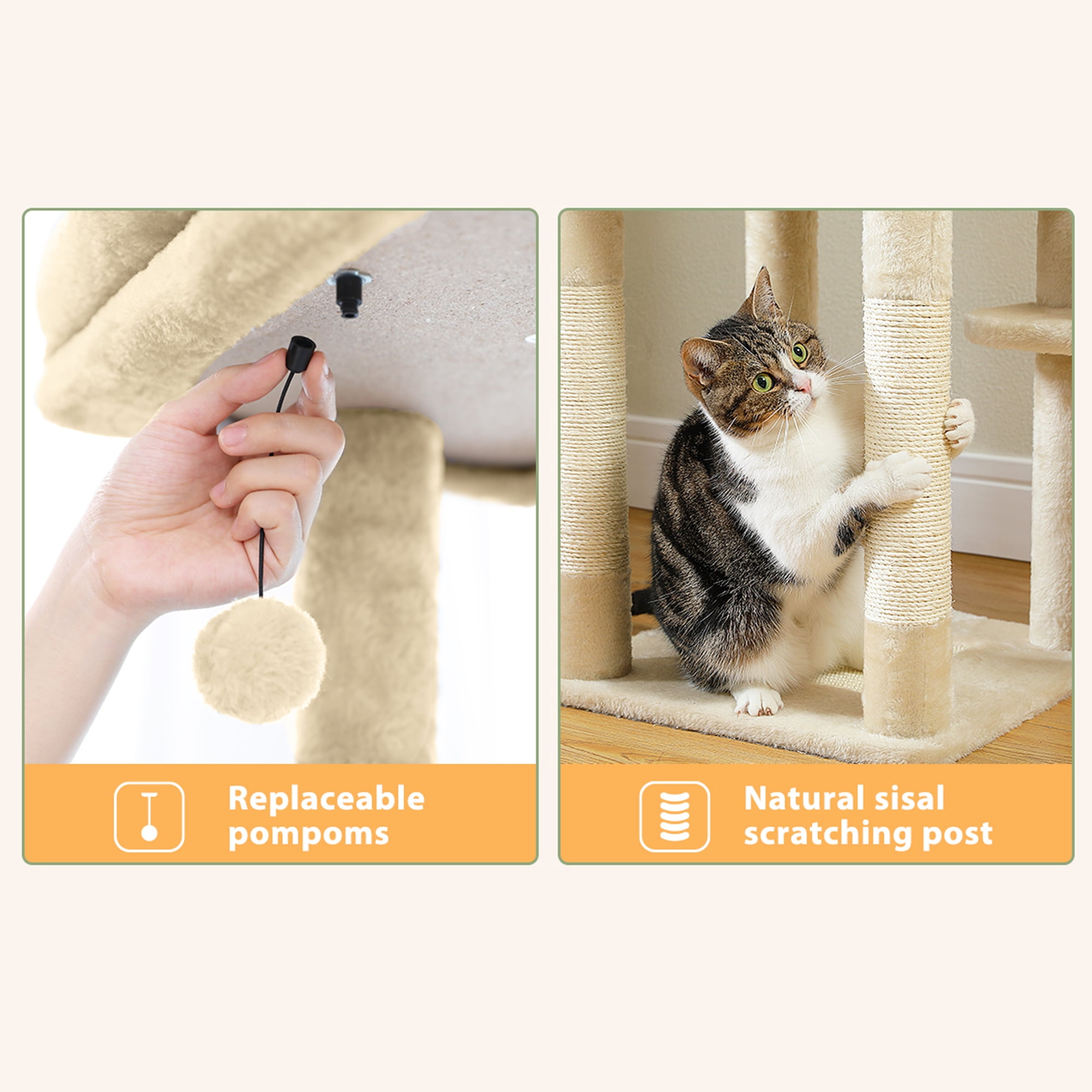 Pefilos 59" Multi-Level Cat Tree House with Large Hammock, Scratching Post, 2 Perches, Cat Tower with 3 Removable Pompom Sticks, Cat Condo, Beige Pefilos 59" Multi-Level Cat Tree House with Large Hammock, Scratching Post, 2 Perches, Cat Tower with 3 Removable Pompom Sticks, Cat Condo, Beige
