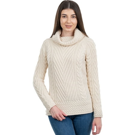 SAOL Aran Turtleneck Sweater Women`s Ribbed Cable Knitted Wool Blend Pullover from Ireland