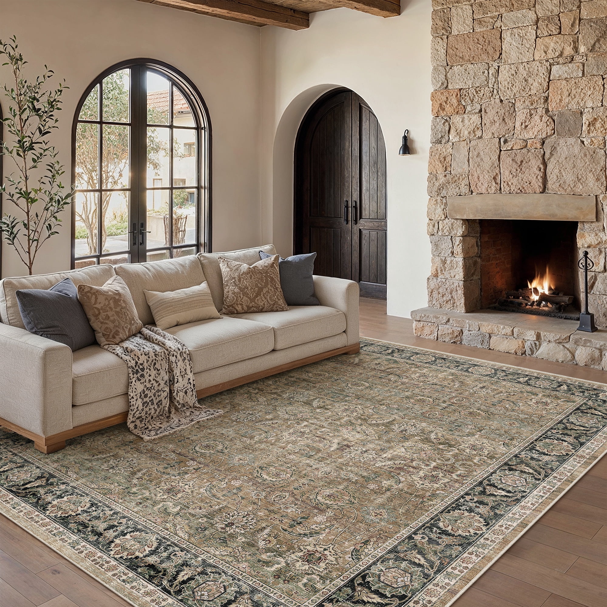 BERTHMEER 9'x12' Large Area Rugs for Living Room Bedroom Office Brown and Green Vintage Non Slip Washable Farmhouse Dining Room Oriental Traditional Distressed Rugs