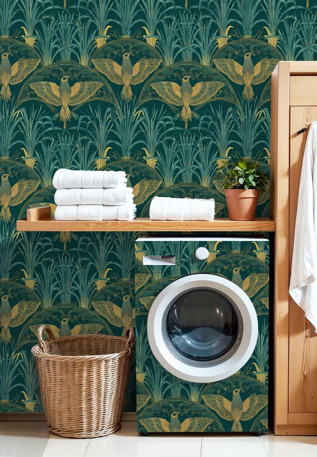 Vintage Peel and Stick Wallpaper Botanical Birds Ornamental Foliage Teal Gold Wall Mural 17.7in x 9.8ft Self Adhesive Removable Wall Paper Renter Friendly Wallpaper for Nursery Bedroom Cabinets