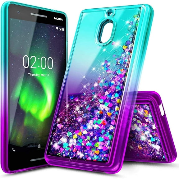 Nokia 2V Case, Nokia 2.1 Case, Nagebee Glitter Liquid Floating Waterfall Durable Girls Women Cute Luxury Clear Soft TPU Phone Case Cover (Aqua/Purple)