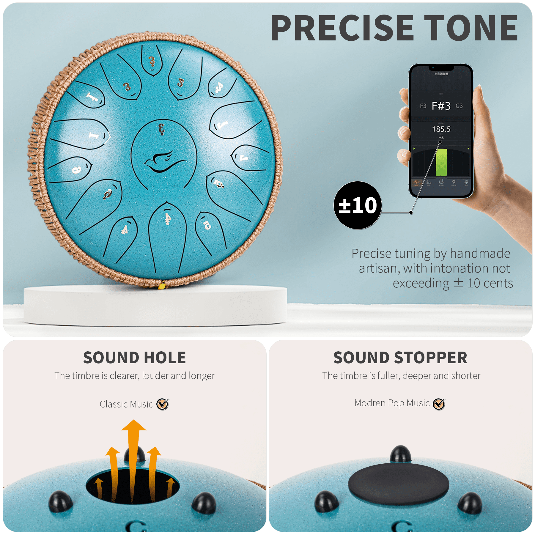 12" 15 Note Steel Tongue Drum C Major, Lidguni Tongue Pan Drums for Adults, Malachite Green