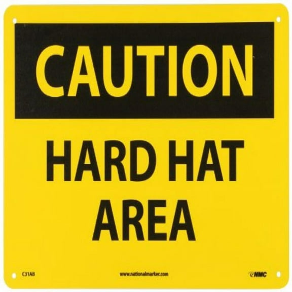 NMC C31AB OSHA Sign, Legend CAUTION - HARD HAT AREA, 14 Length x 10 Height, Aluminum, Black on Yellow