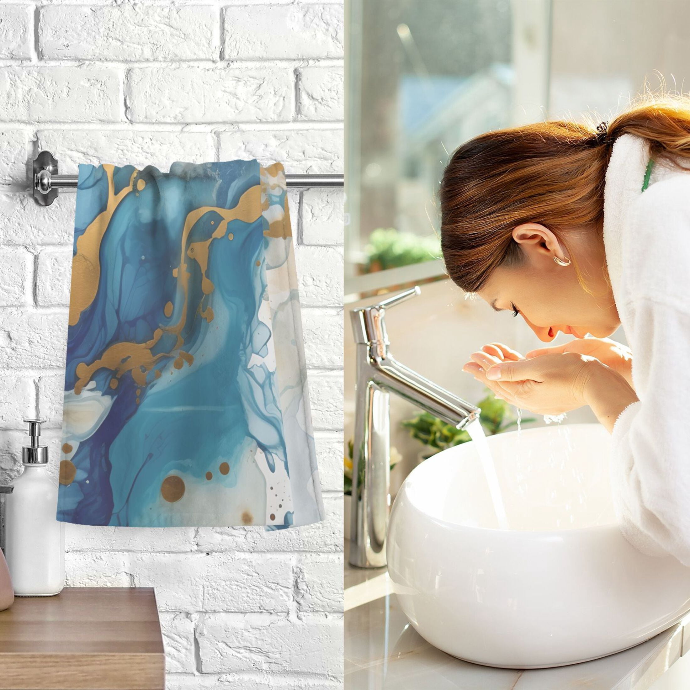 2 Pcs Hand Towel Set Sapphire Blue Gold Marble Cotton Absorbent Soft Face Towels Bath Towels for Bathroom Kitchen Shower Hotel Decor 16"x28"