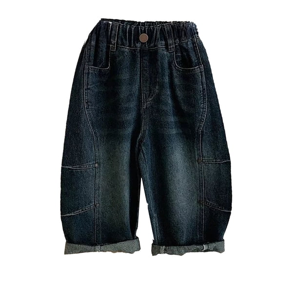 WEIGFI Toddler Baby Boys Pants Solid Color Jeans Elastic Waist Denim Bottoms With Pockets Casual Wide Leg Loose Fit Comfort Playwear Everyday Adorable Street Trousers,Dark Blue,3-4 Years
