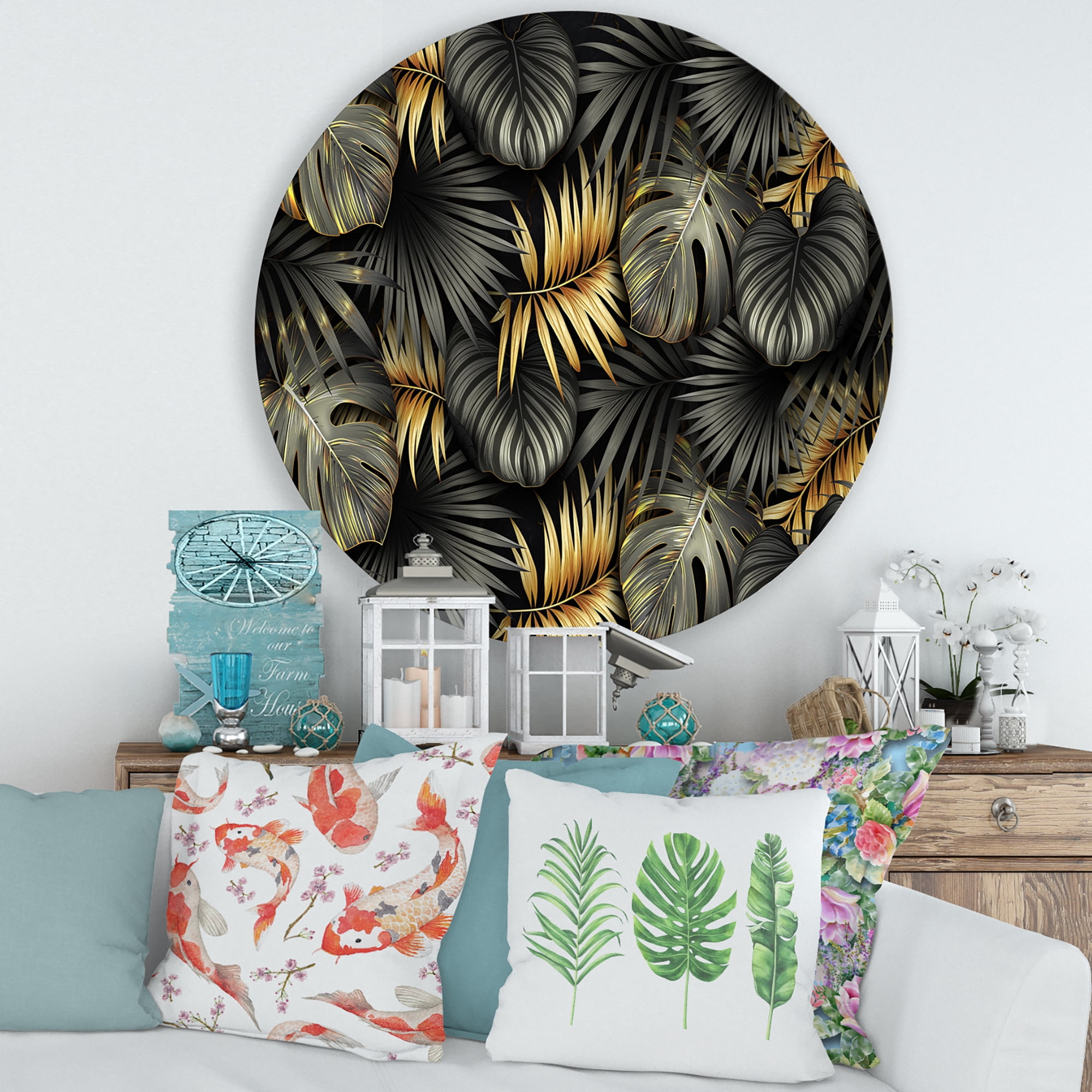 Designart 'Gold and Black Tropical Leaves II' Modern Circle Metal Wall Art 29x29 - Disc of 29