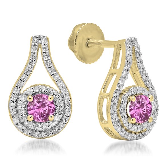 1.10 Carat (ctw) 18K Yellow Gold Round Cut Pink Sapphire & White Diamond Ladies Halo Style Drop Earrings 1 CT