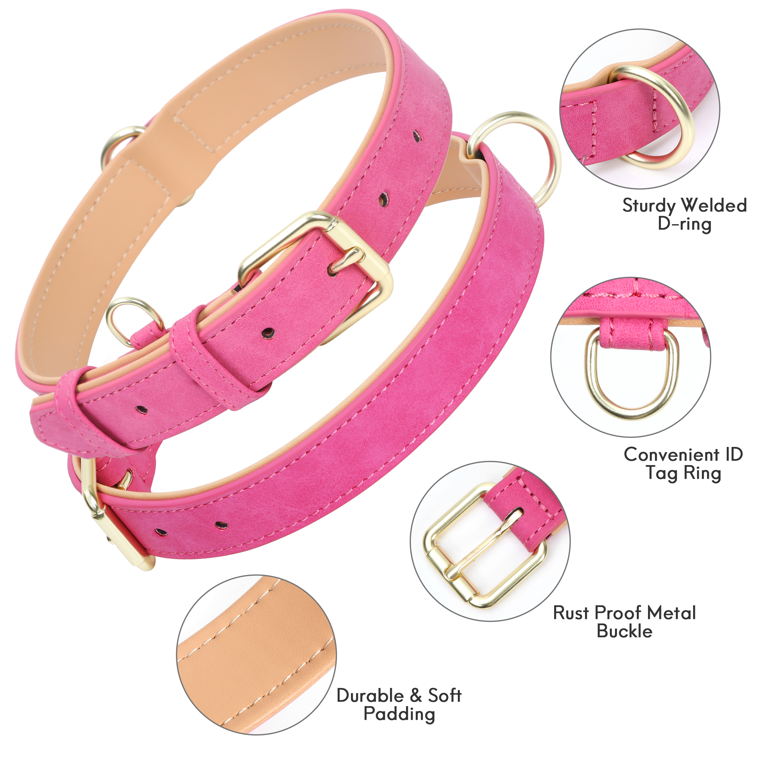 Jumpress Leather Dog Collar for Medium Dogs, Hot Pink photo 2