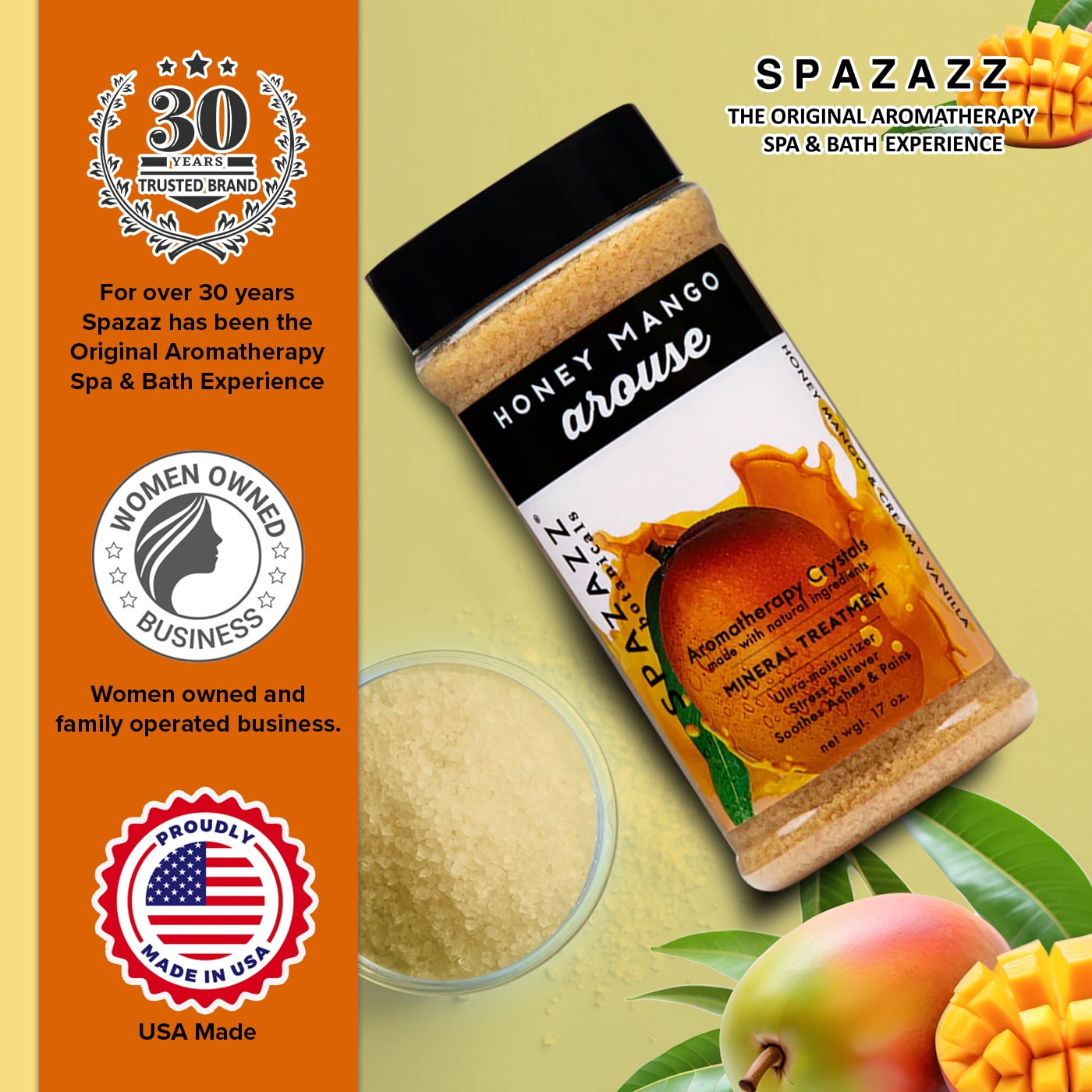 Spazazz Botanicals Aromatherapy Honey Mango - Arouse Spa and Bath Crystals, 2 Pack - 17 oz. Crystals and Bath Salts for Hot Tub and Bathtub Spa - Aromatherapy Scented Salts for Relaxation!