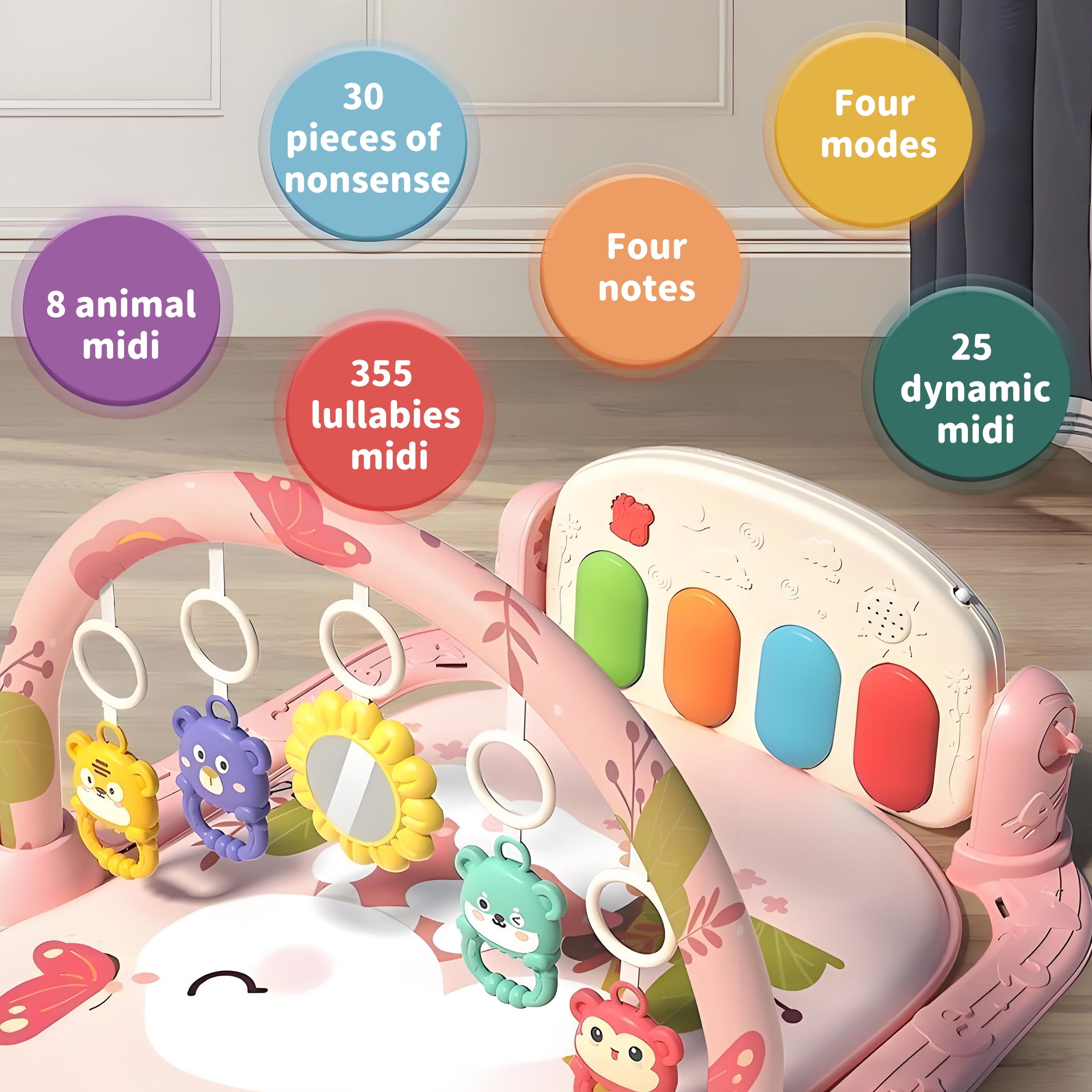 KOPPOP Baby Play Mat with Piano Toys, Tummy Time Activity Gym for Infants 0-12 Months, Bunny Playmat Newborn Gift Boy Girl