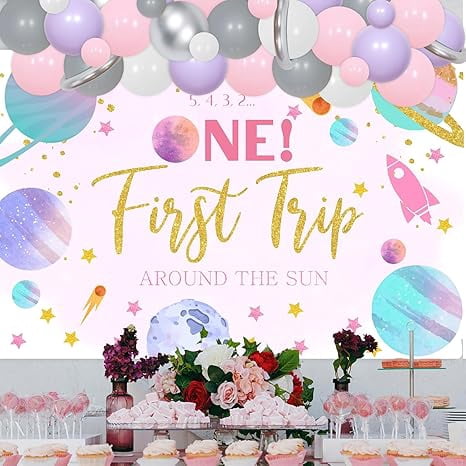 First Trip Around The Sun Birthday Party Decorations for Girls 1st Birthday Supplies First Trip Around The Sun Backdrop Space Pink Balloon Arch Kit for Space Themed Baby Shower Party Decor
