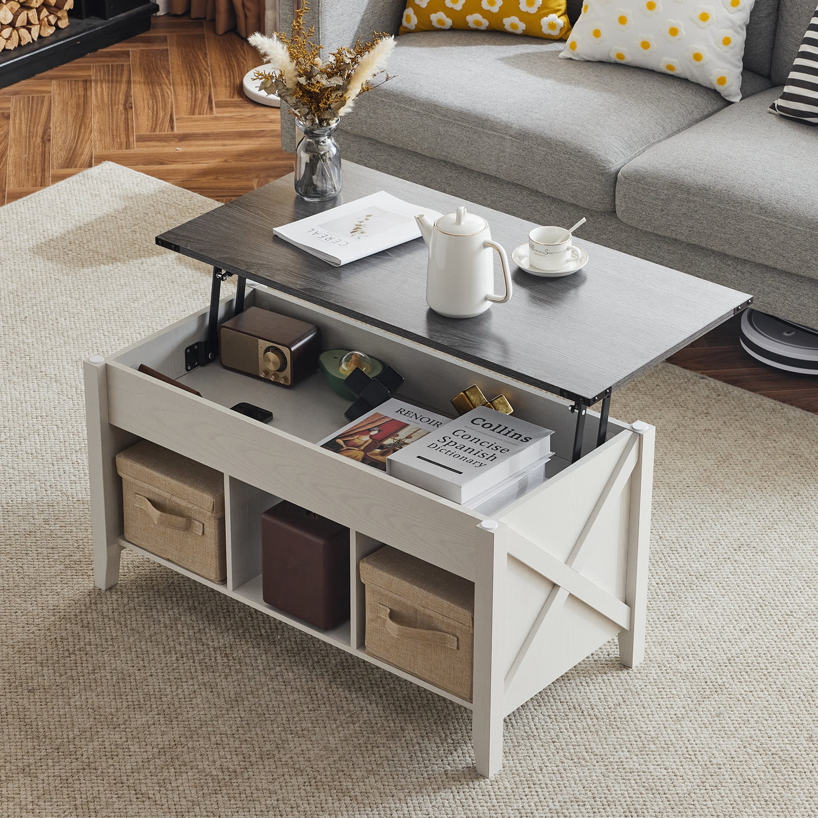 Ktaxon Mid-Century Lift Top Coffee Table, Multi-Functional Lift Tabletop Center Table for Living Room with Hidden Storage Compartment & 3 Cube Shelves, White & Gray