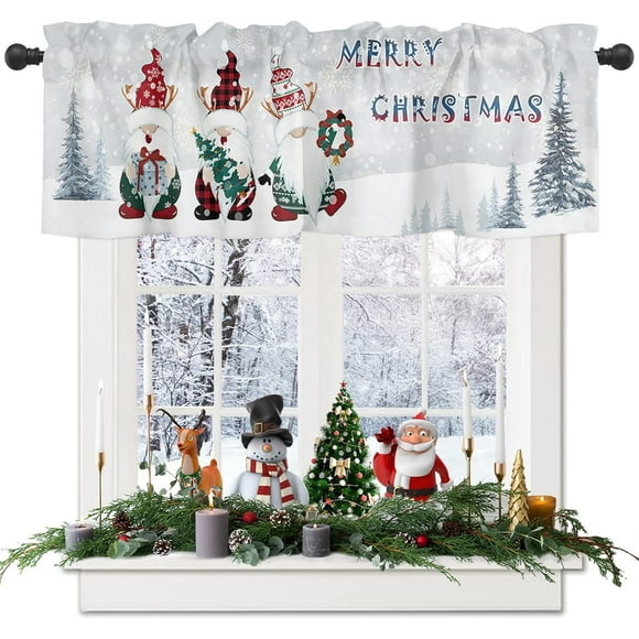 Cantonnières de Rideaux Joyeux Noël, Cantonnière de Café avec Poche pour Tringle en Forme de Flocon de Neige et Gnome Mignon, Rideaux Courts pour Fenêtres de Cuisine, Chambre, Salon, 1 Panneau, 54"X18 Pouces