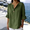 thumbnail image 5 of Naotn Ruffle 3/4 Sleeve Linen Shirts for Women Summer Casual Solid Color Button V Neck Tunic Tops, 5 of 8
