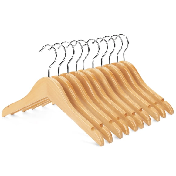 Nature Smile Kids Baby Children Toddler Wooden Shirt Coat Hangers with Notches and Anti-Rust Chrome Hook Pack of 10 (Natural)