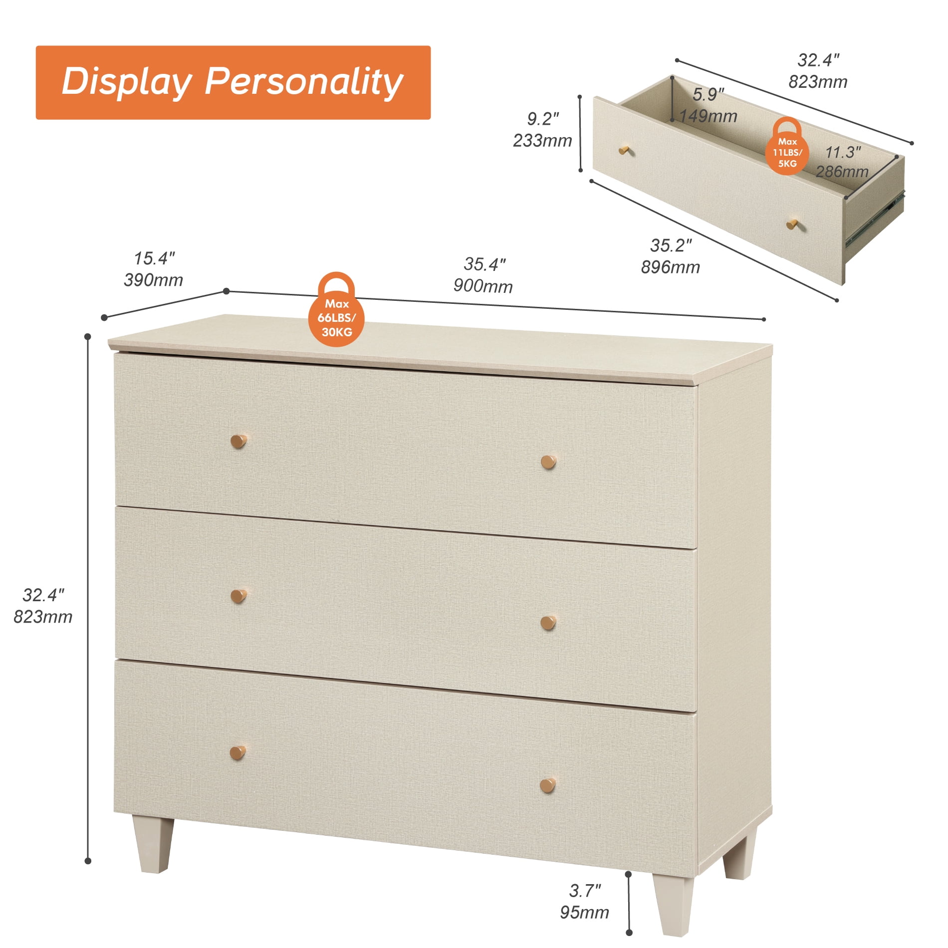3-Drawer Dresser for Bedroom, Wood Bachelors Chest, 35.4 Inches Wide Chest of Drawer for Closet Organizer, Beige Faux Linen