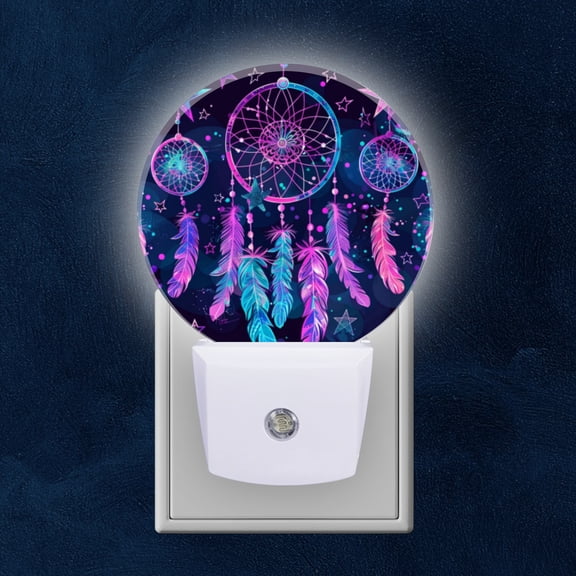 Round LED Night Lights Lamp with Dusk to Dawn Sensor, Dreamcatchers And Feathers With Stars Night Light Plug Into Wall for Kids Room, Bedroom, Bathroom, Kitchen, Hallway