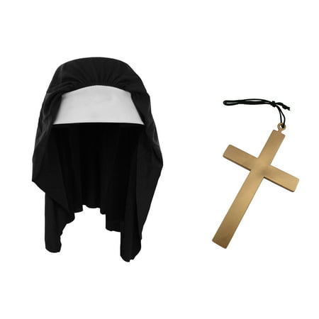 Nun Habit Hat And Gold Cross Necklace Rosary Catholic Crucifix Costume Accessory