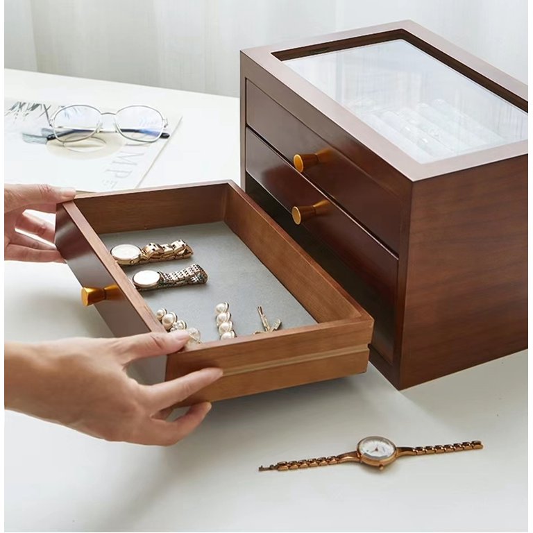 Jewelry Organizer Box With Glass Lid, 3-layer Large Jewelry Boxes