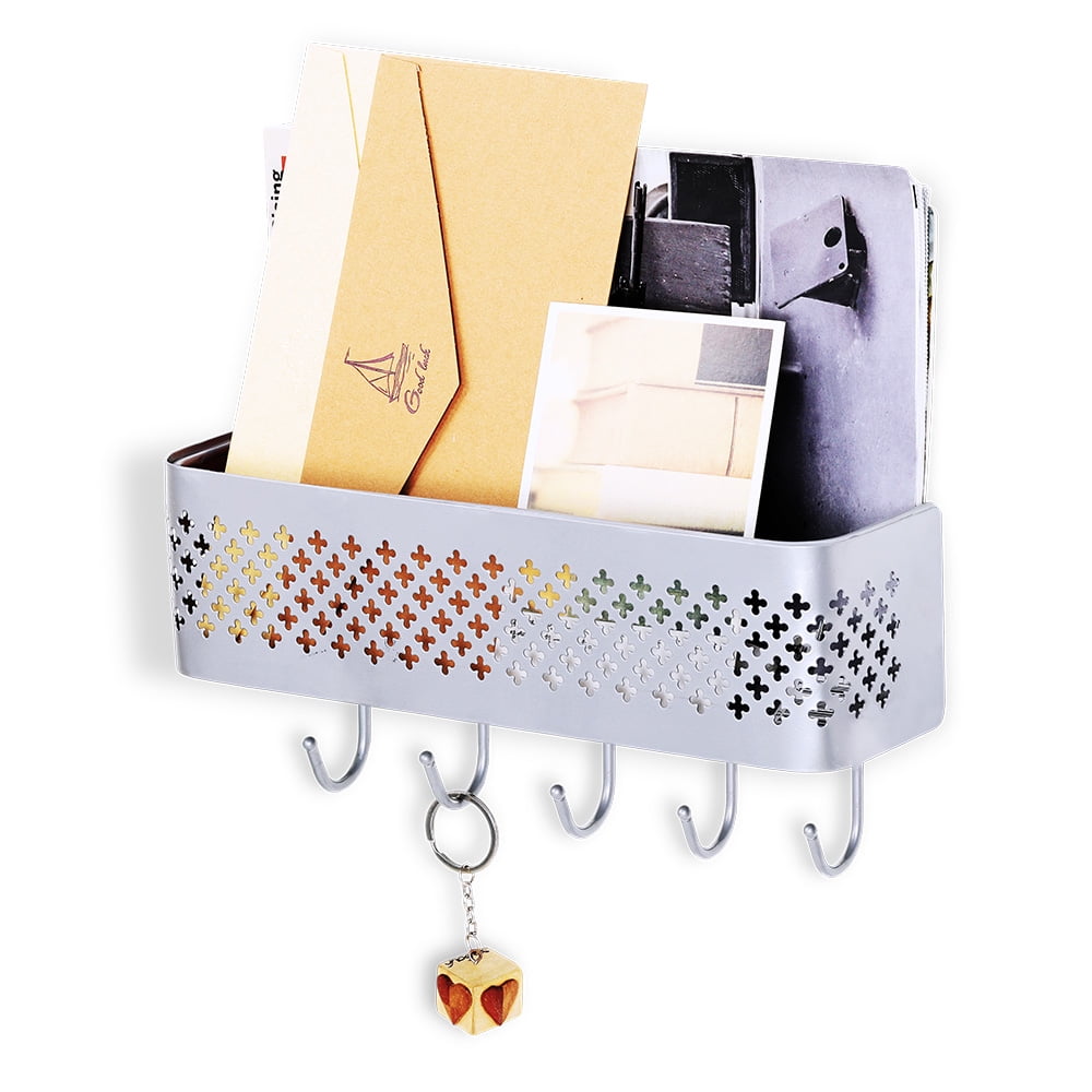 Wall Mounted Letter Rack, Metal Key Holder with 5 Hooks, Silver