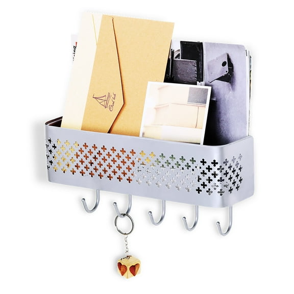 Wall Mounted Letter Rack, Metal Key Holder with 5 Hooks, Silver Functional Key Rack Organizer For Wall