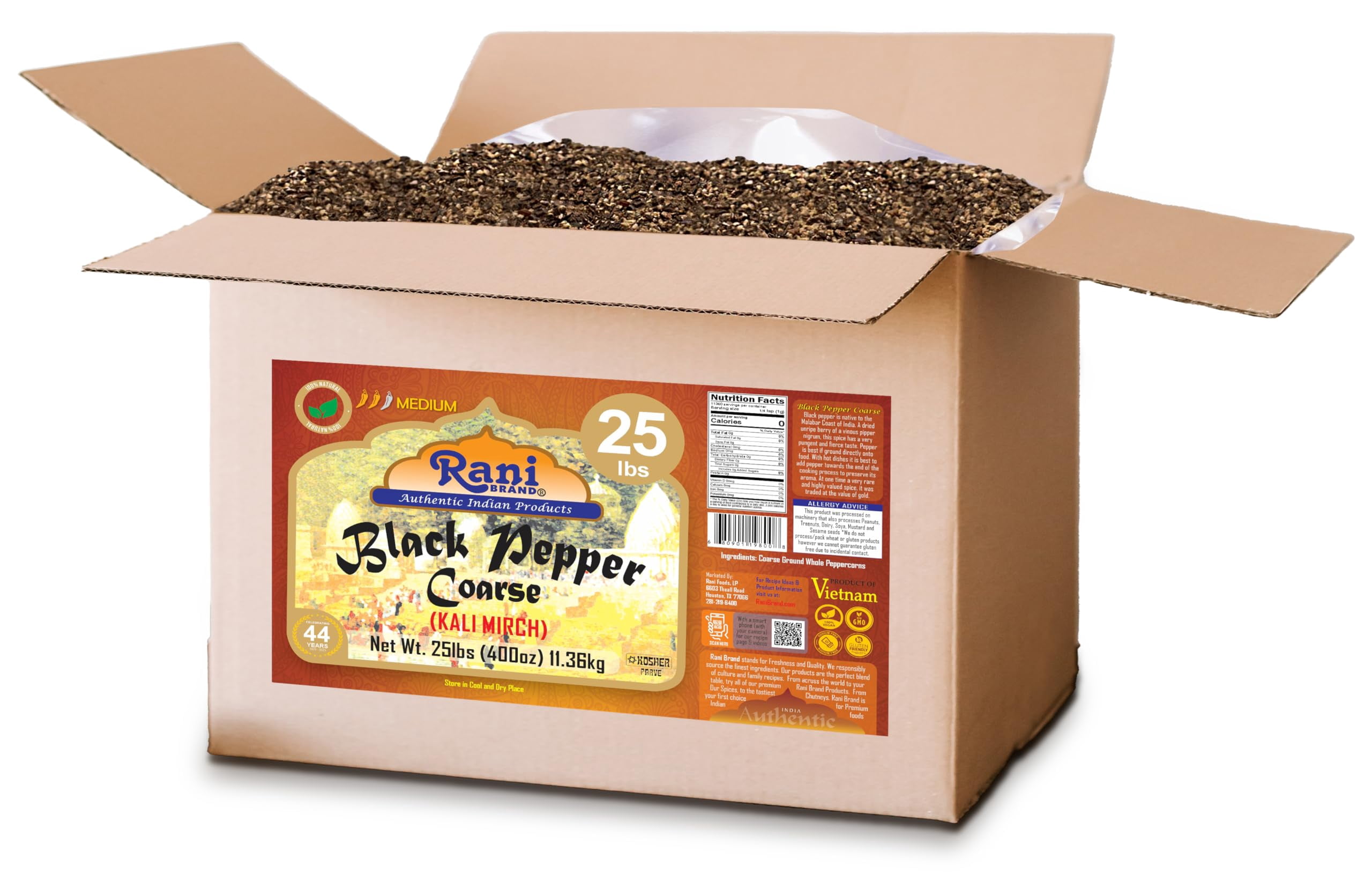 Rani Black Pepper Coarse Ground 28 Mesh (Table Grind), Premium Indian 400oz (25lbs) 11.36kg Bulk Box ~ All Natural | Vegan | Gluten Friendly | NON-GMO | Kosher