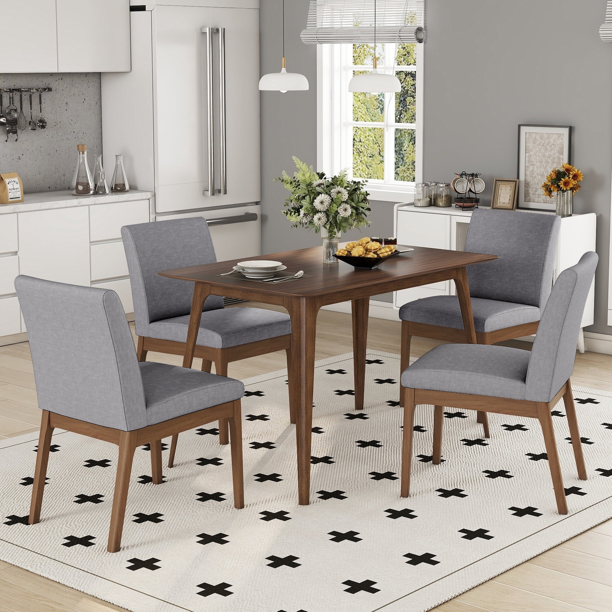 Euroco 5-Piece Wood Dining Table Set Mid-Century Modern Kitchen Table & 4 Upholstered Chairs Set for Dining Room Grey