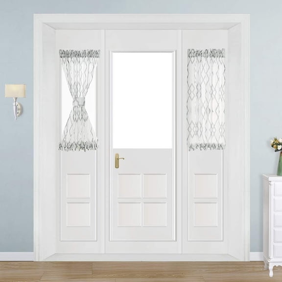 Sidelight Curtains - Geometric Pattern French Door Curtains, Sheer Front Door Curtain, White and Grey Panel