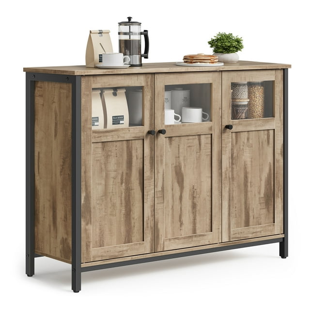 VASAGLE Buffet Cabinet, Sideboard Storage Cabinet with Glass Doors, Buffet Table, for Dining Room, Living Room, Kitchen, Steel Frame, Industrial Style, Camel Brown and Ink Black