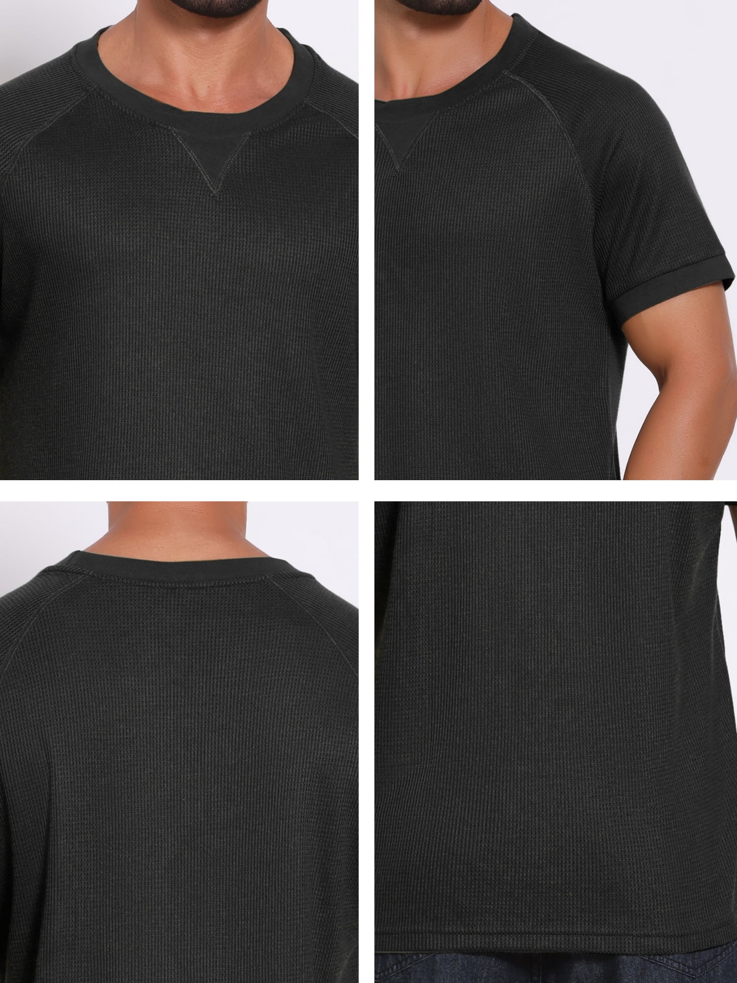DARING DIVA Men's Waffle Fabric Classic Crew Neck Raglan Short Sleeves 2XL Black