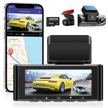 AZDOME 4K 5G WiFi Dash Cam Front and Rear, 3.18" IPS Screen Dashcam for Car, Free 64GB Card Dashboard Camera, 4K+1K Dual Dash Cam Built-in GPS WDR IR Night Vision, 24H Parking Mode Black