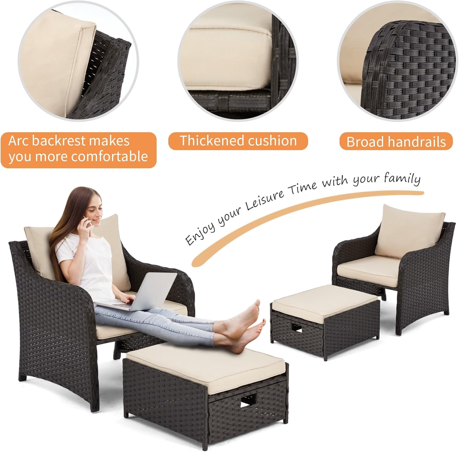 HOMREST 5 Piece Balcony Furniture, All Weather PE Wicker Rattan Patio Furniture Set, Cushioned Patio Chairs Set of 2 w/Ottoman&Table, Outdoor Lounge Chair for Lawn Pool Balcony, Khaki