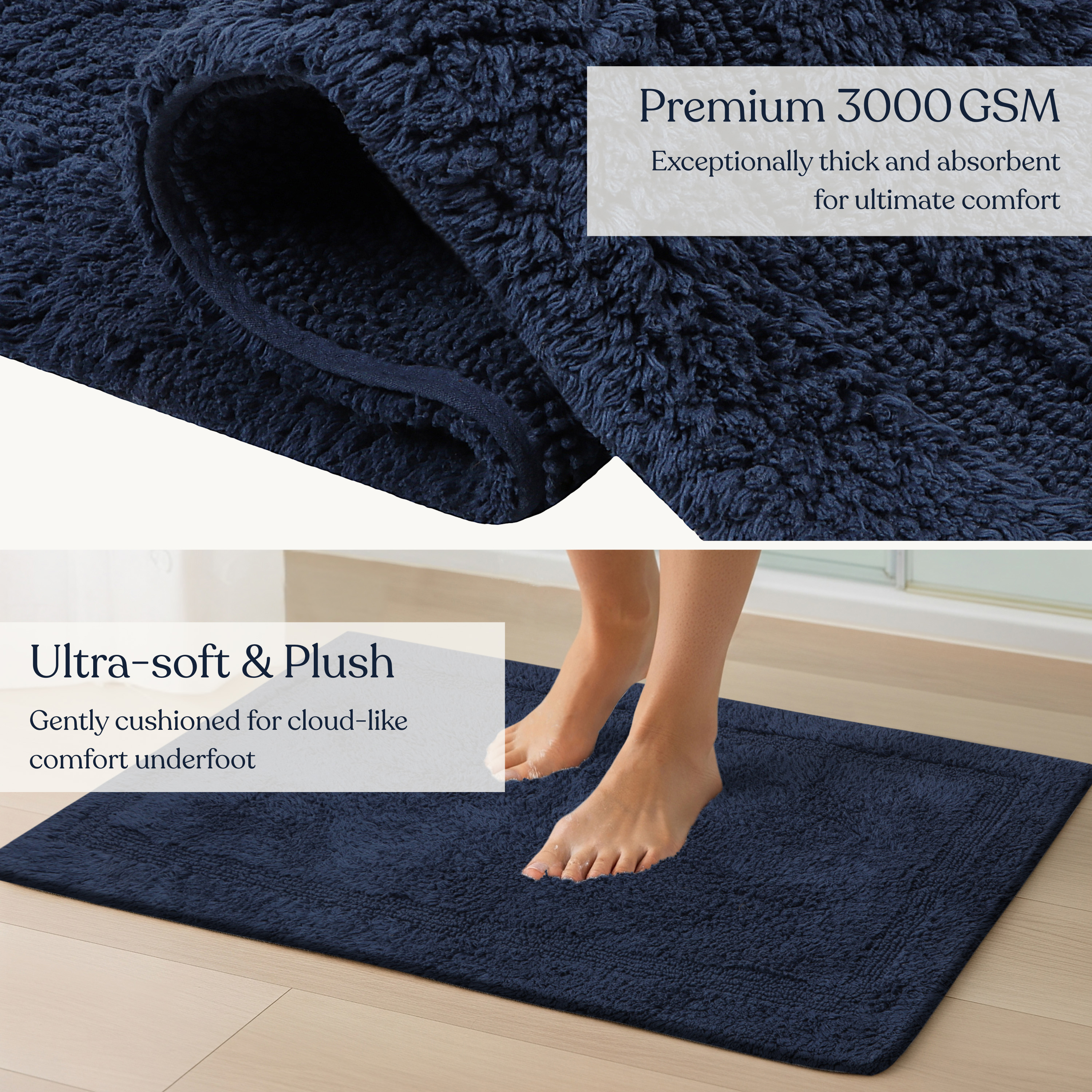 Delara Organic Cotton Reversible Bath Mat – 3000 GSM, GOTS Certified, Ultra-Thick & Super Absorbent | Soft, Plush & Quick-Drying Bathroom Rug