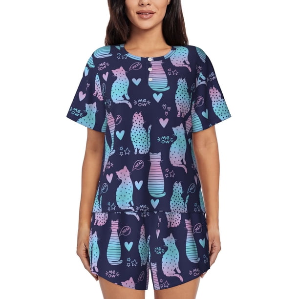 Balery Silhouette Cats Conjunto de Pijama para Mujer con Estampado, Dos Piezas de Manga Corta y Shorts, Ropa de Dormir Suave con Cuello Redondo y Bolsillos-X-Large