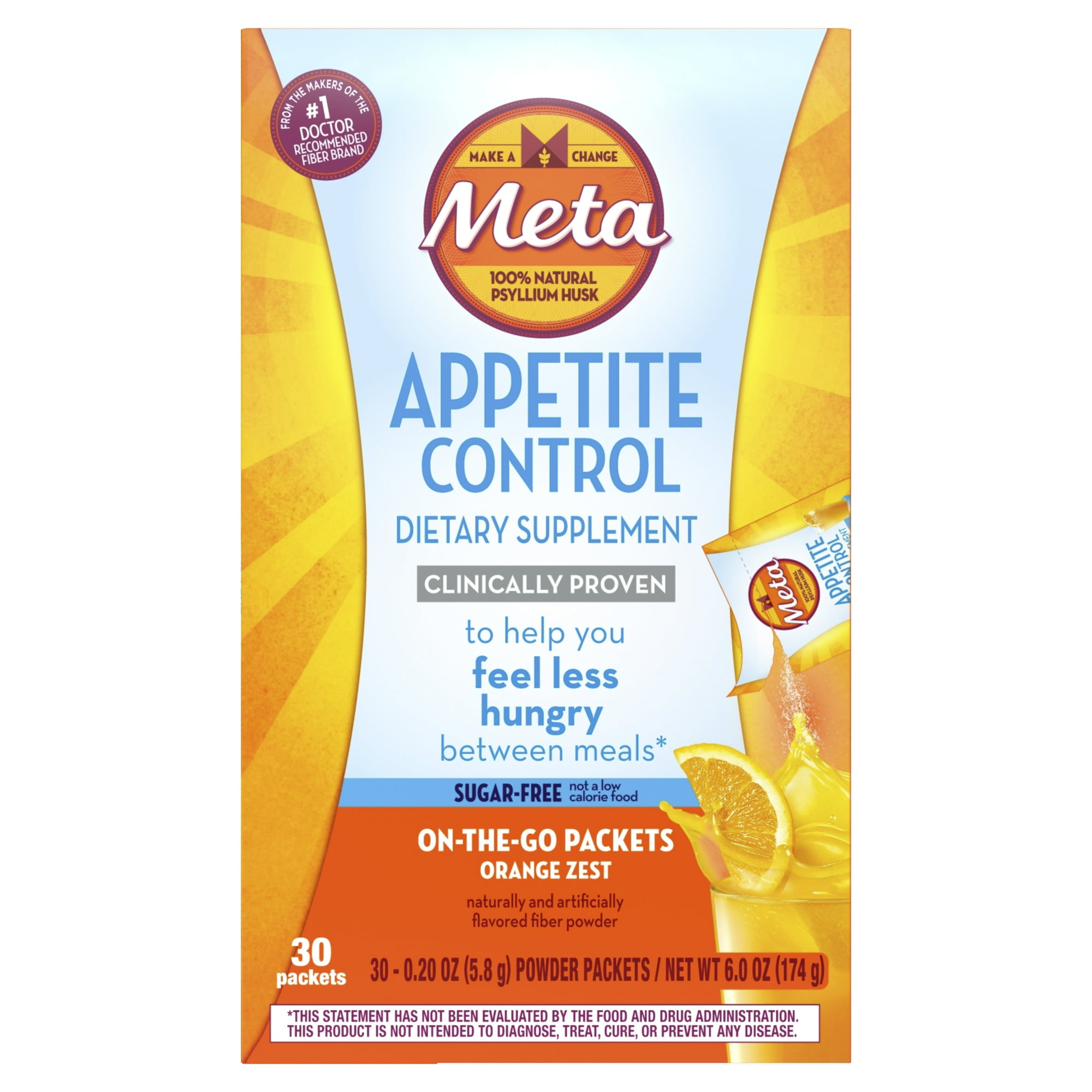 Metamucil Appetite Control Supplement Psyllium Fiber Sugar Free Powder Packets, Orange Zest Flavored, 30 ct