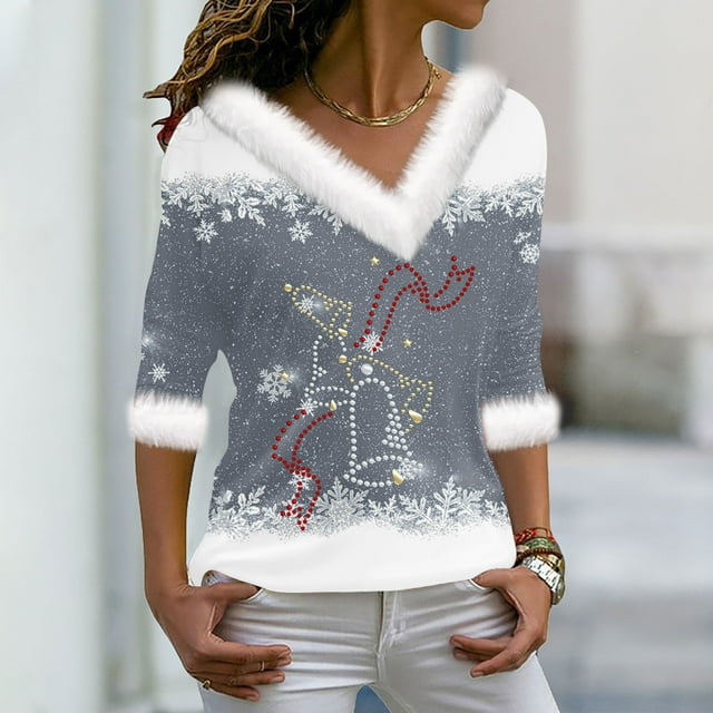 Walmart+ Semaine Aqestyerly Hauts de Noël pour Femmes Liquidation Pull Imprimé Col en V Manches Longues