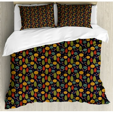 Forest Queen Size Duvet Cover Set, Fall Trees Mushroom and Fox with Formal Attire Funny Jungle Cartoon Flora Fauna, Decorative 3 Piece Bedding Set with 2 Pillow Shams, Multicolor, by Ambesonne
