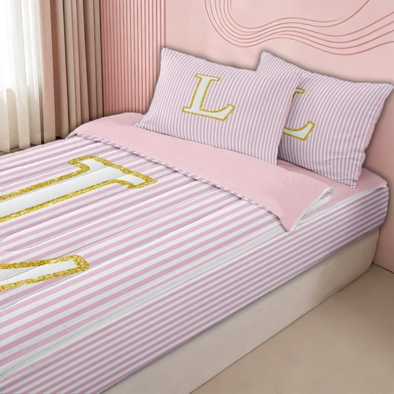 meiyoeat Gold L Monogram Zipper Twin Comforter Sets with Fitted Sheet and 2 Pillowcases for Kids Girls Women, Pink Stripes Zipper Bedding Set for Bedroom, Pink ReversibleG